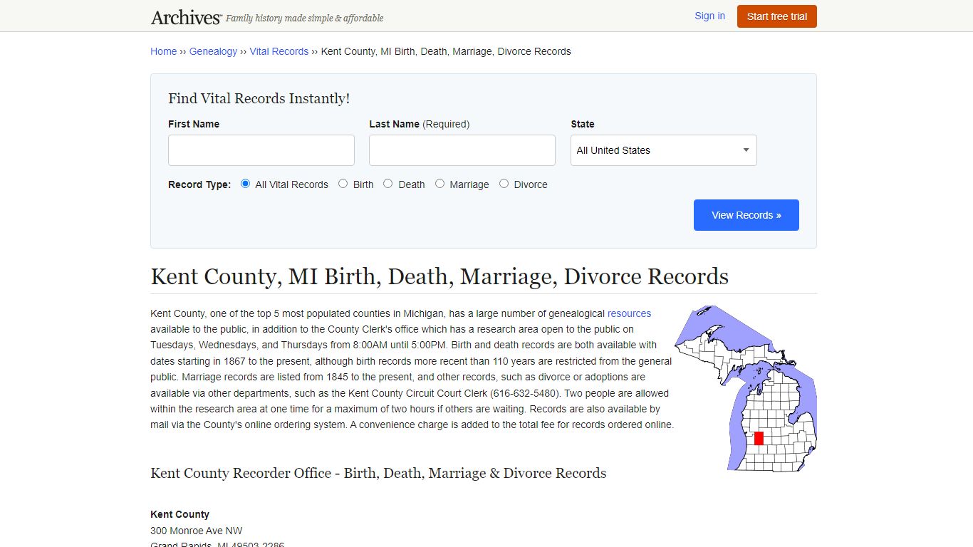 Kent County, MI Birth, Death, Marriage, Divorce Records - Archives.com